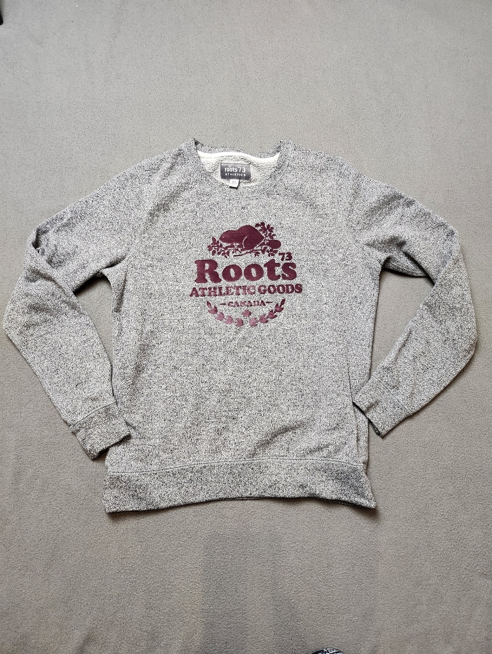 Roots Gray Crewneck Sweatshirt with Purple Velvet Logo Sz Med